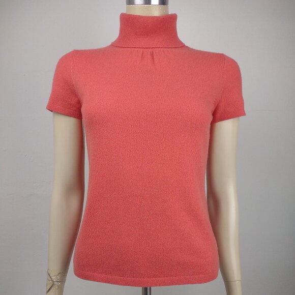 Ann Taylor coral orange 100% Cashmere short sleeve turtleneck sweater ladies XS - Picture 1 of 7